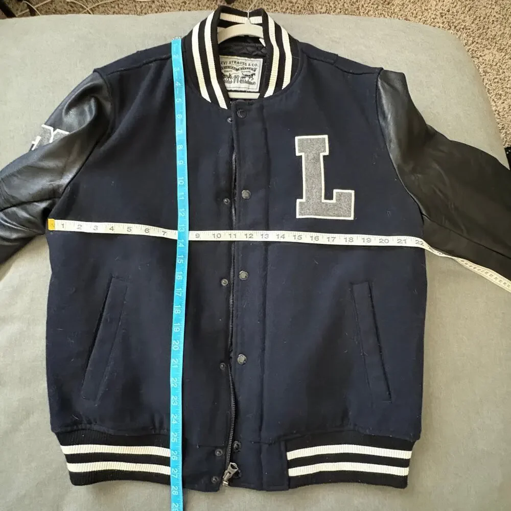 Levi’s Varsity Bomber Jacket L Navy Faux Leather Sleeves 73